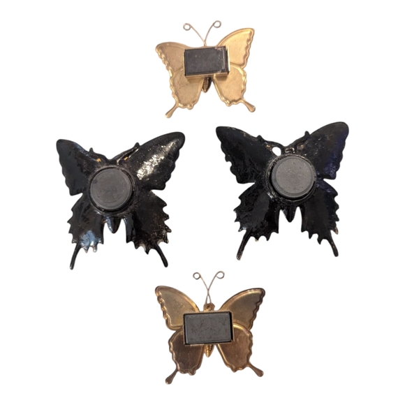 Vintage 4 Piece Enameled Metal & Wooden Butterfly Set Refrigerator Fridge Magnet - Picture 2 of 2